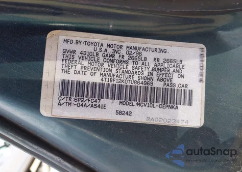 1996 Toyota Camry Le/Xle/Se из США, поврежденный, VIN 4T1BF12K0TU864969